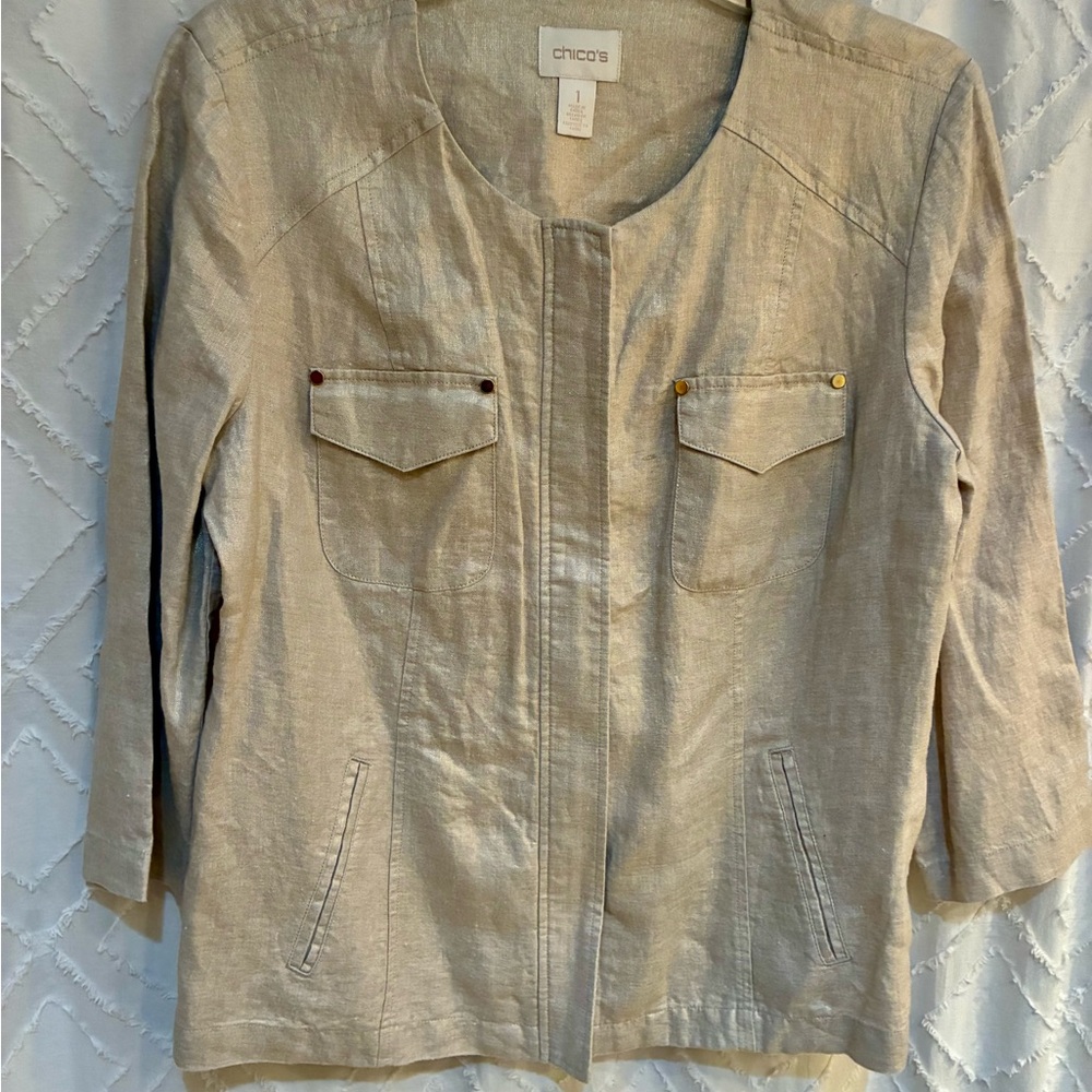 Chico's Women's Champagne Gold Linen Blend Open Front Jacket Chico’s Size 1